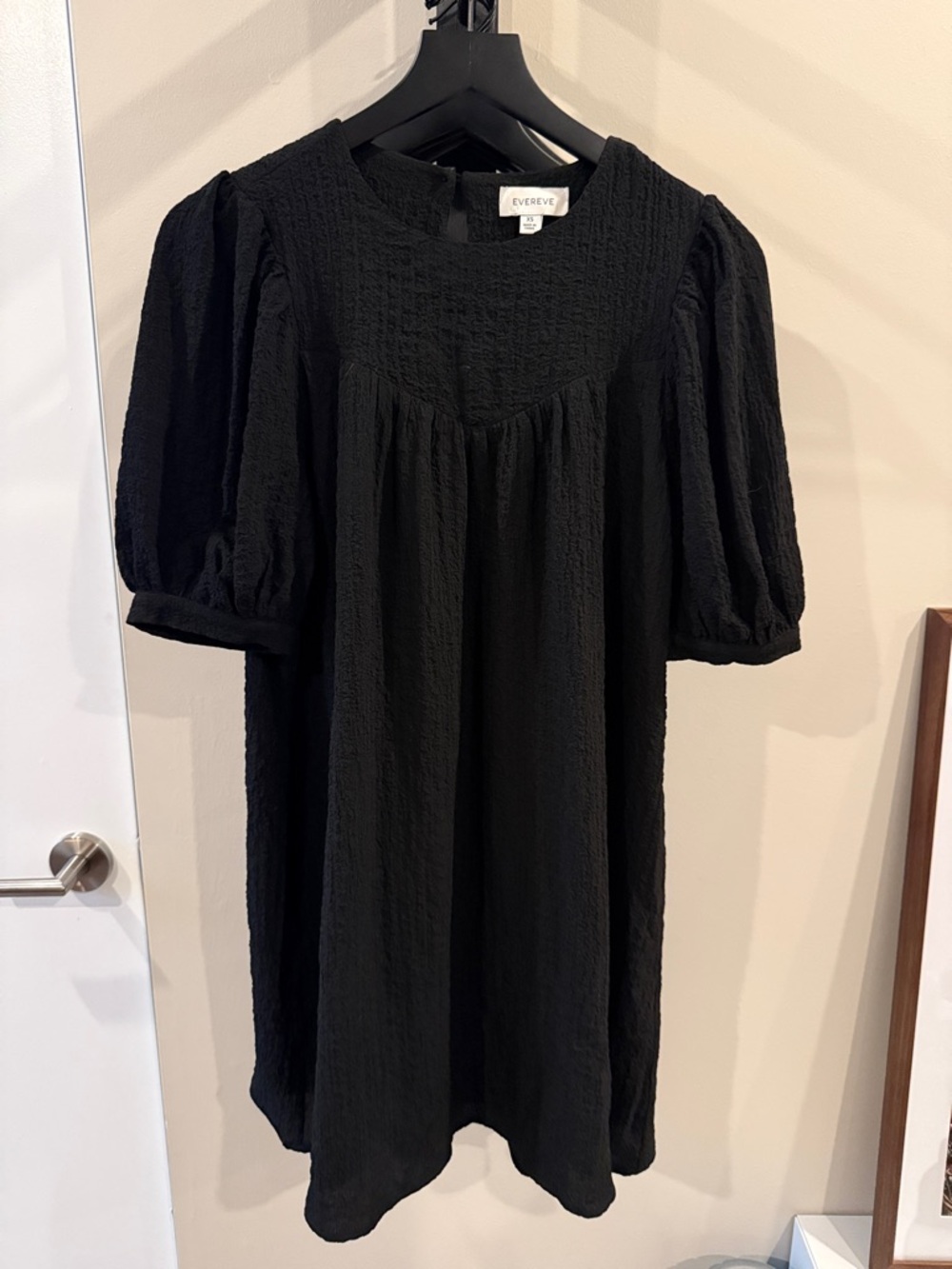 Evereve Black Textured Puff-Sleeve Mini Dress